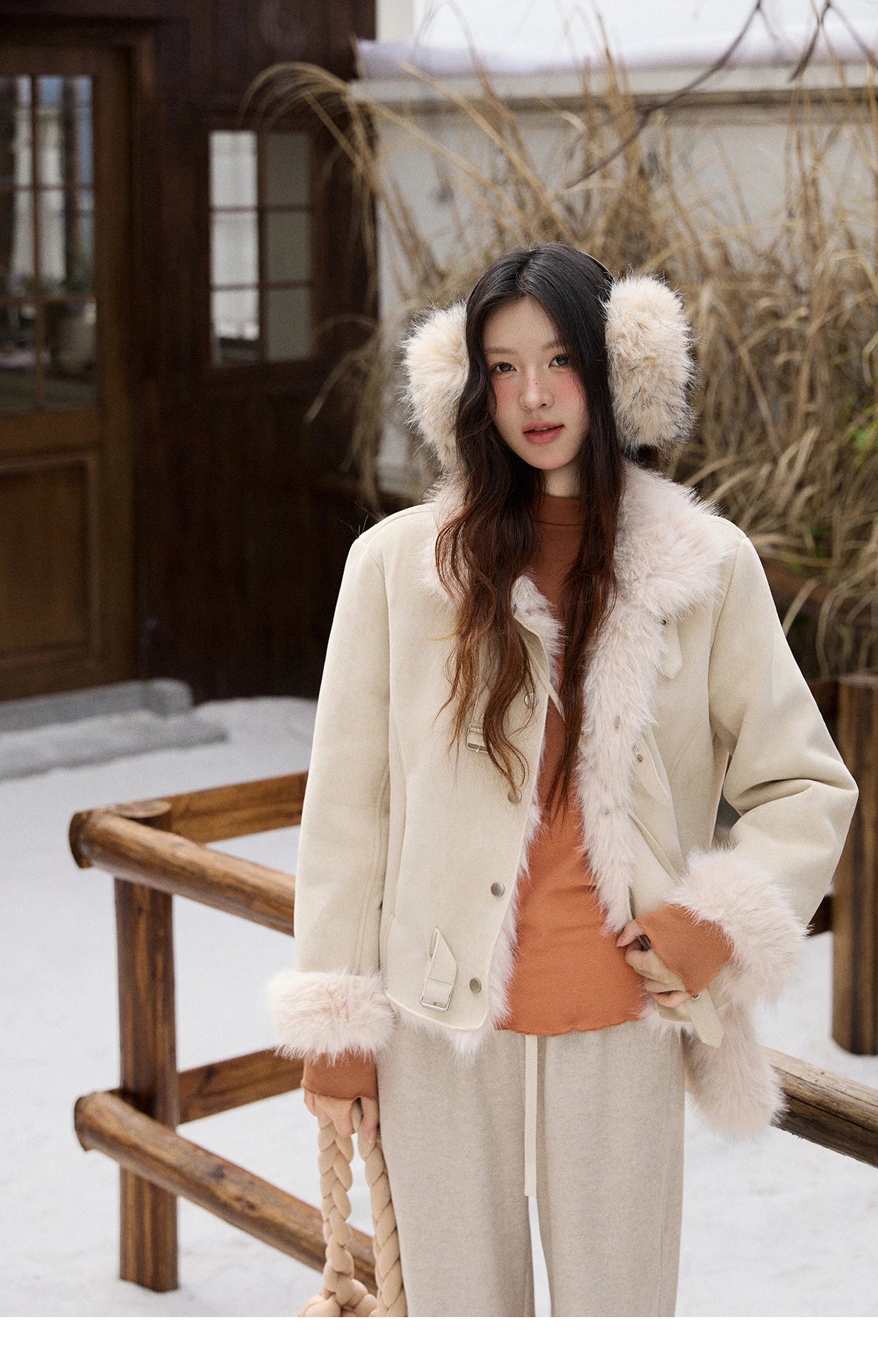 Mishow Faux Fur Lapel Short Coat with Plush Bag MXE91W1000