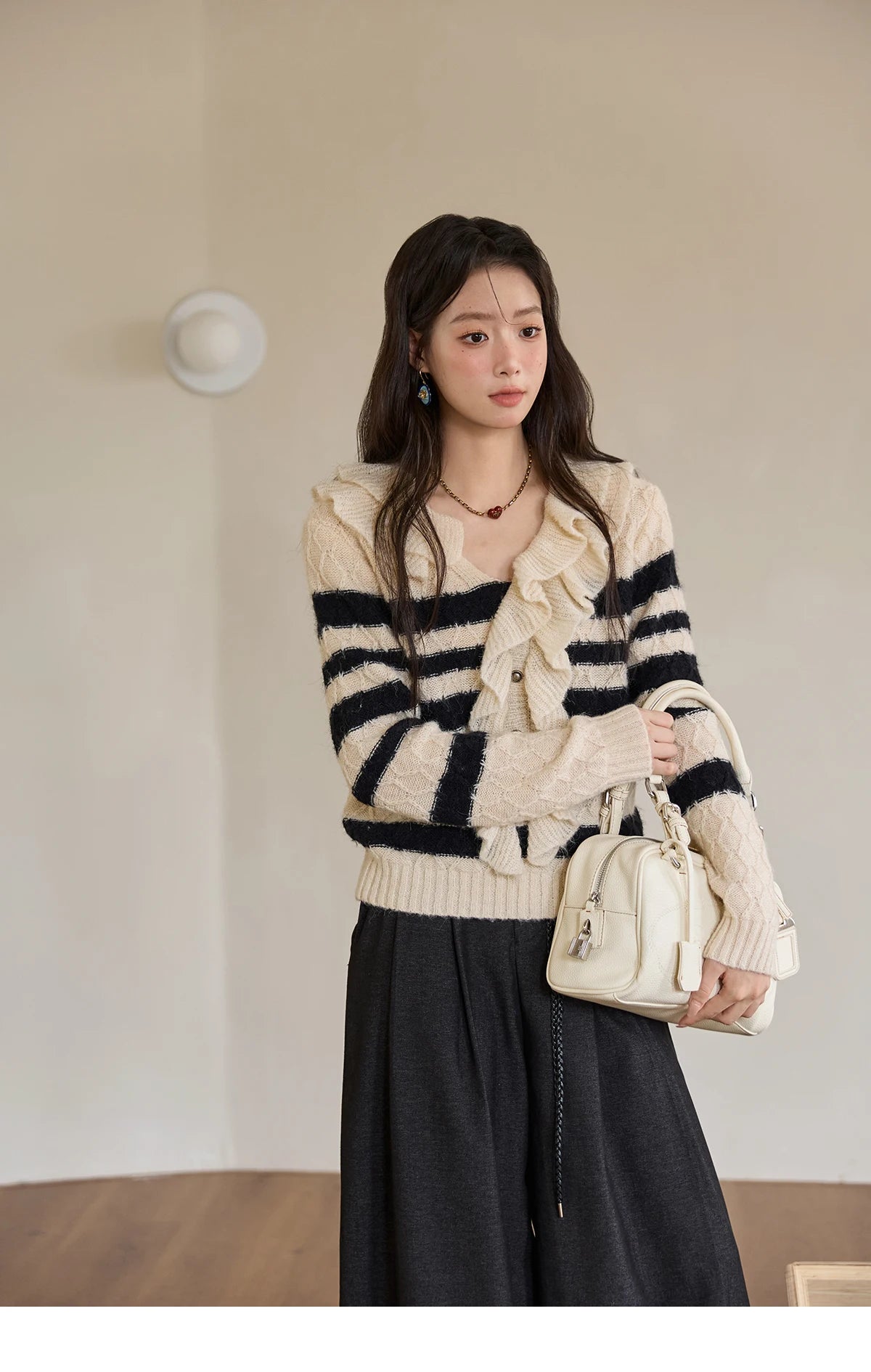 Mishow Striped Asymmetrical Ruffled Cardigan MXE51Z2633