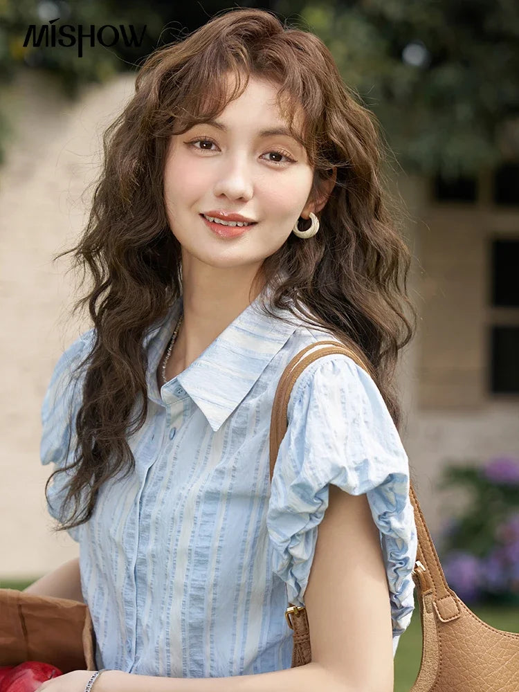 MISHOW Blue Striped Shirt Bubble Sleeves with Tube Top MXD24C0204