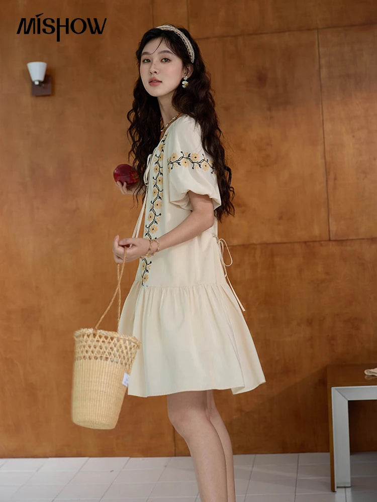 Mishow Korean Sunflower Embroidery Lace-Up Doll Dress MXD30L1959