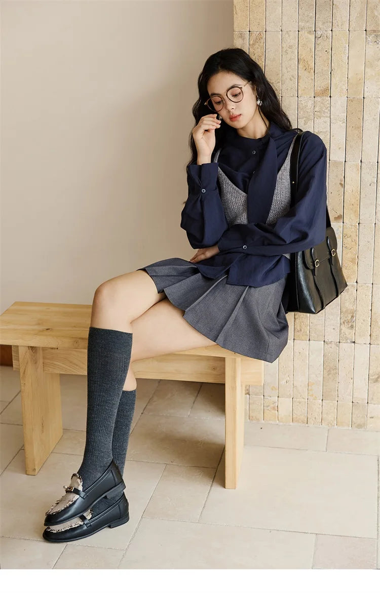MISHOW Navy Ribbon Layered Shirt Knit Camisole Two-Piece Set MXE47T1412
