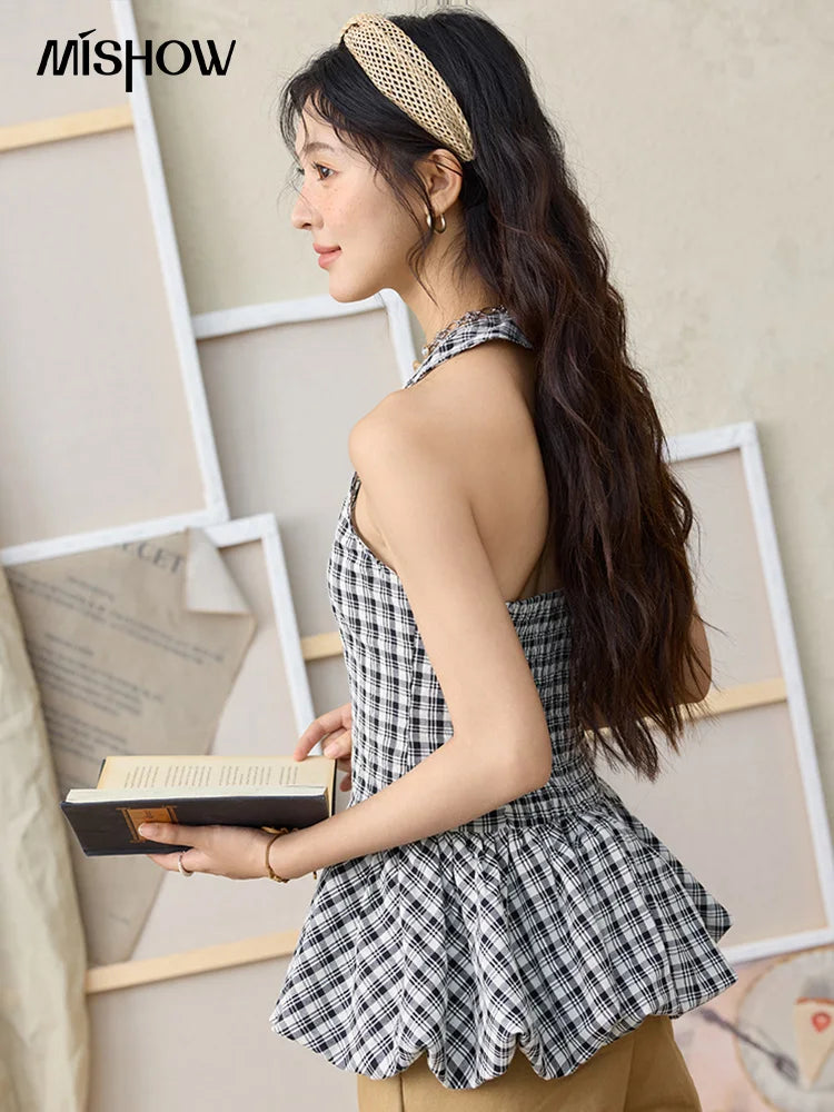 MISHOW Black Hanging Neck Plaid Blouse Backless V-Neck MXE35X1822