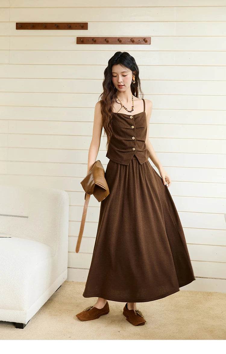 Mishow Retro Dark Brown Tank Top & Pleated A-Line Skirt Set MXE46T1378