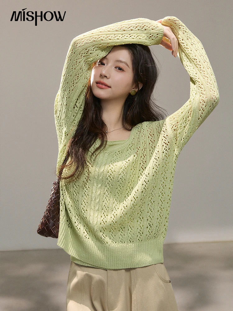 Mishow Green Hollow Cable Knit Top & Camisole Set MXF16T1524