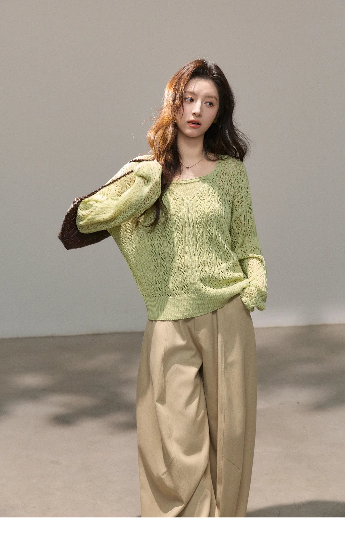 Mishow Green Hollow Cable Knit Top & Camisole Set MXF16T1524