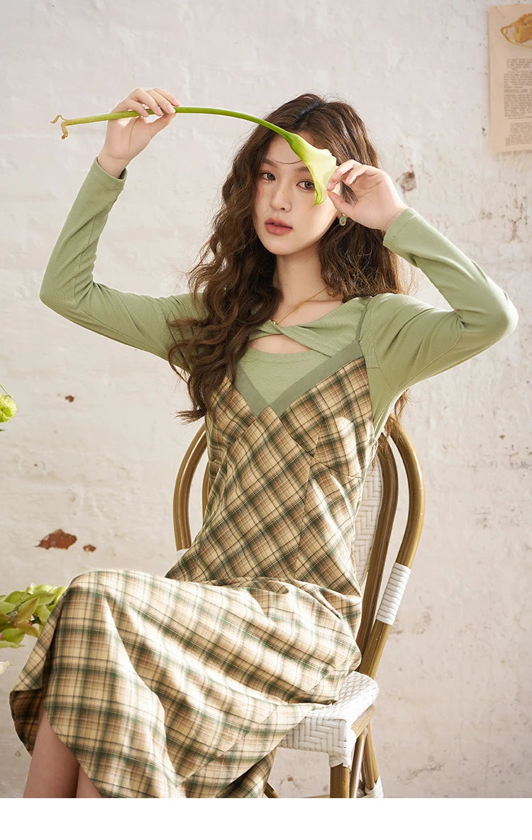 Mishow Hollow Knit Top & Plaid Suspender Dress Set MXD14L1679