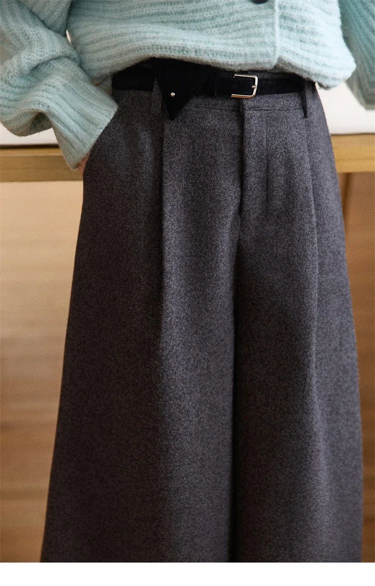 MISHOW Gray Wool Wide-Leg Pants High-Waisted Cropped MXE90K1128