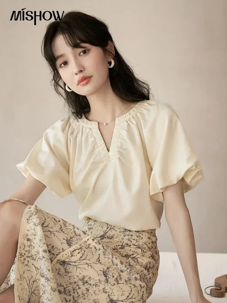 MISHOW French V-Neck Blouse Puff Sleeve Loose Summer MXC38X0043