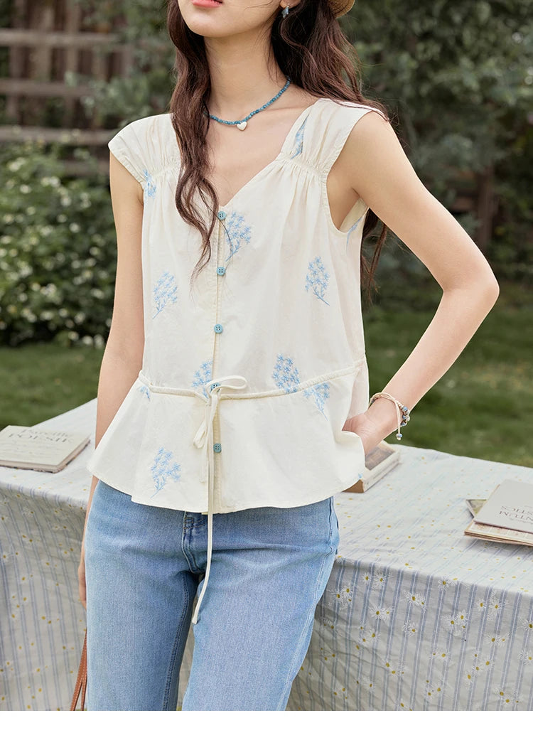 MISHOW Print Sleeveless V-Neck Blouse Blue Flower Cotton MXE32X1777