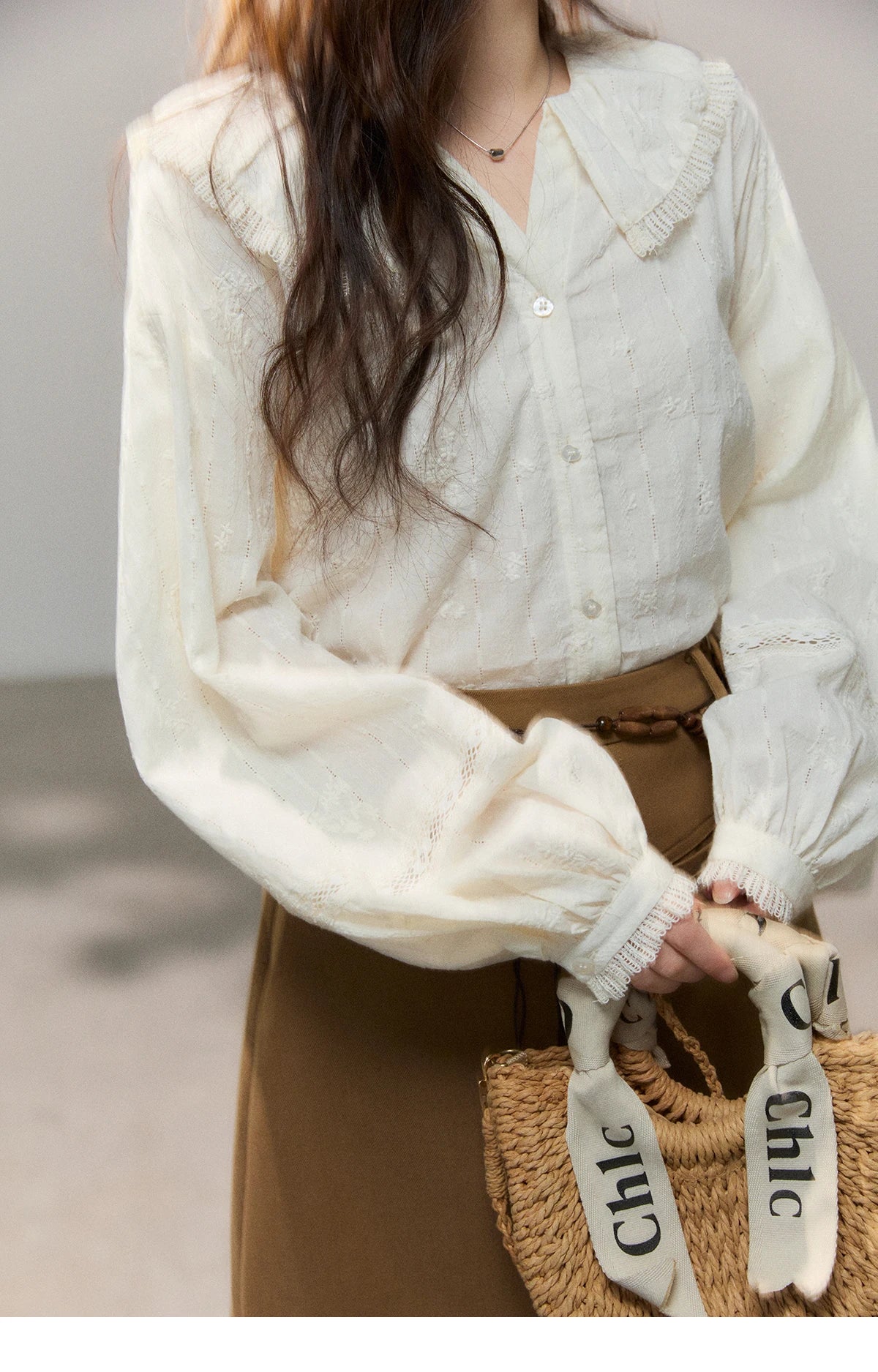 MISHOW Beige Lace Shirt Peter Pan Collar Micro Lantern Sleeve MXF108C0813