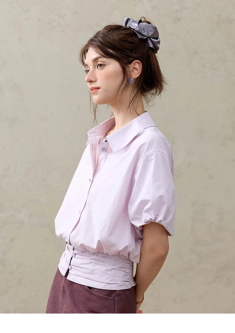 MISHOW Purple Cotton Blouse Turn-Down Collar Short Sleeve MXE32X1794