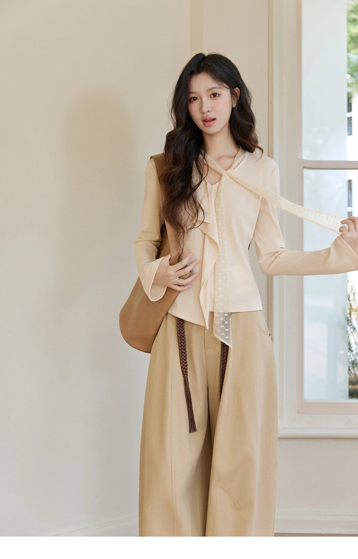 Mishow V-Neck Lace Ribbon Flare Sleeve Top MXF108Z1016