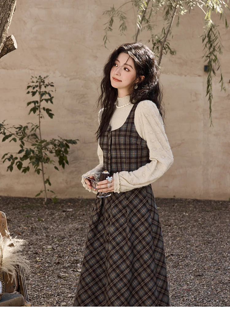 Mishow Blue Plaid Square Collar Vest & Midi Skirt Set MXD44W0454