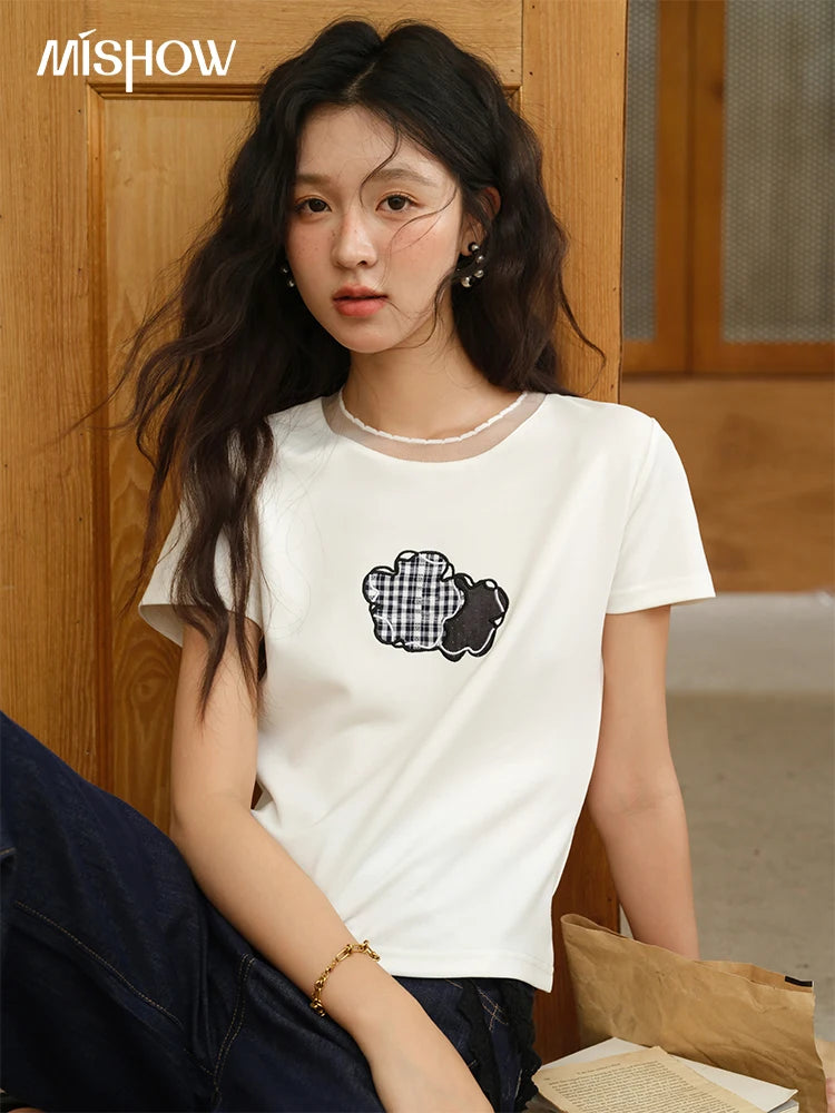 Mishow Lace Edge Splicing Round Neck Tee MXE38T0630