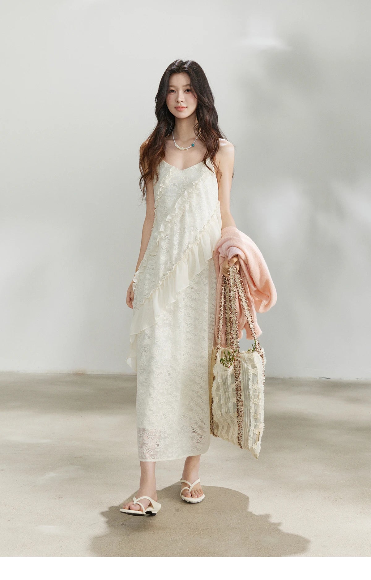 Mishow Cream Irregular Lace Ruffled Slip Dress MXF108L1005