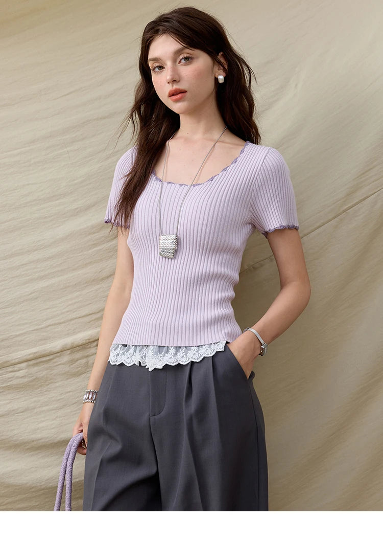 Mishow Office Lady Lace Collar Contrast Hook Top MXE33Z1218