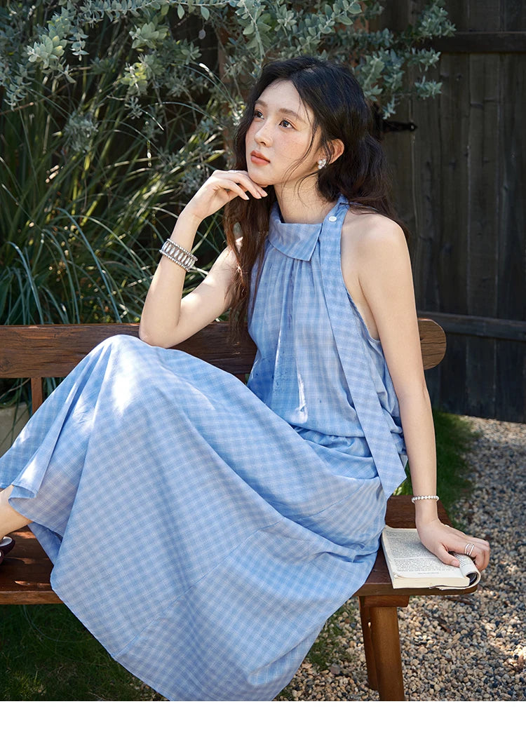 Mishow Plaid Hanging Neck Button Top & A-Line Skirt Set MXE39T0711