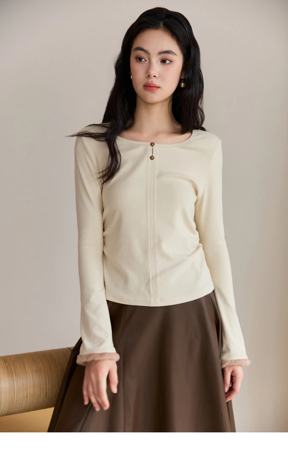 Mishow Apricot Brushed Knit Pleated Pullover MXE48Z2517