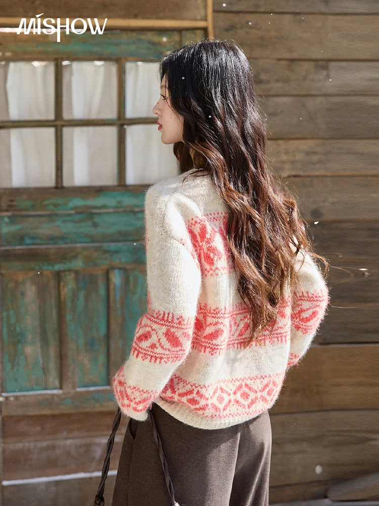 Mishow Christmas Beige White Geometric Jacquard Sweater MXE93Z2938