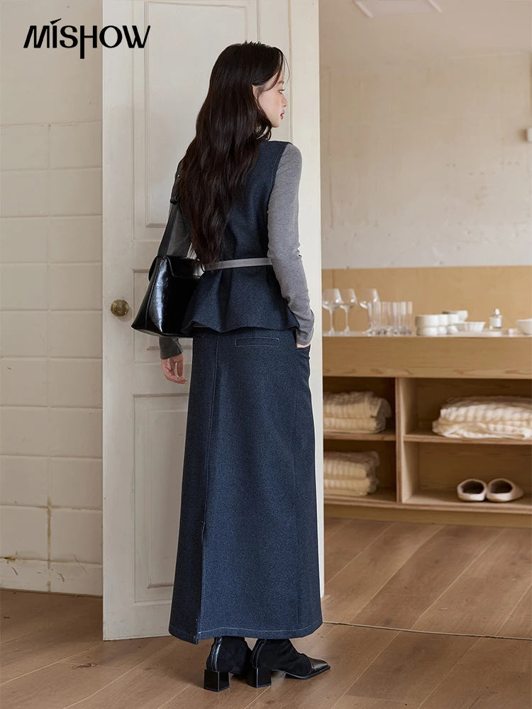 Mishow Blue Sleeveless Vest & Knit Top & Midi Skirt 3-Piece Set MXE49T1421