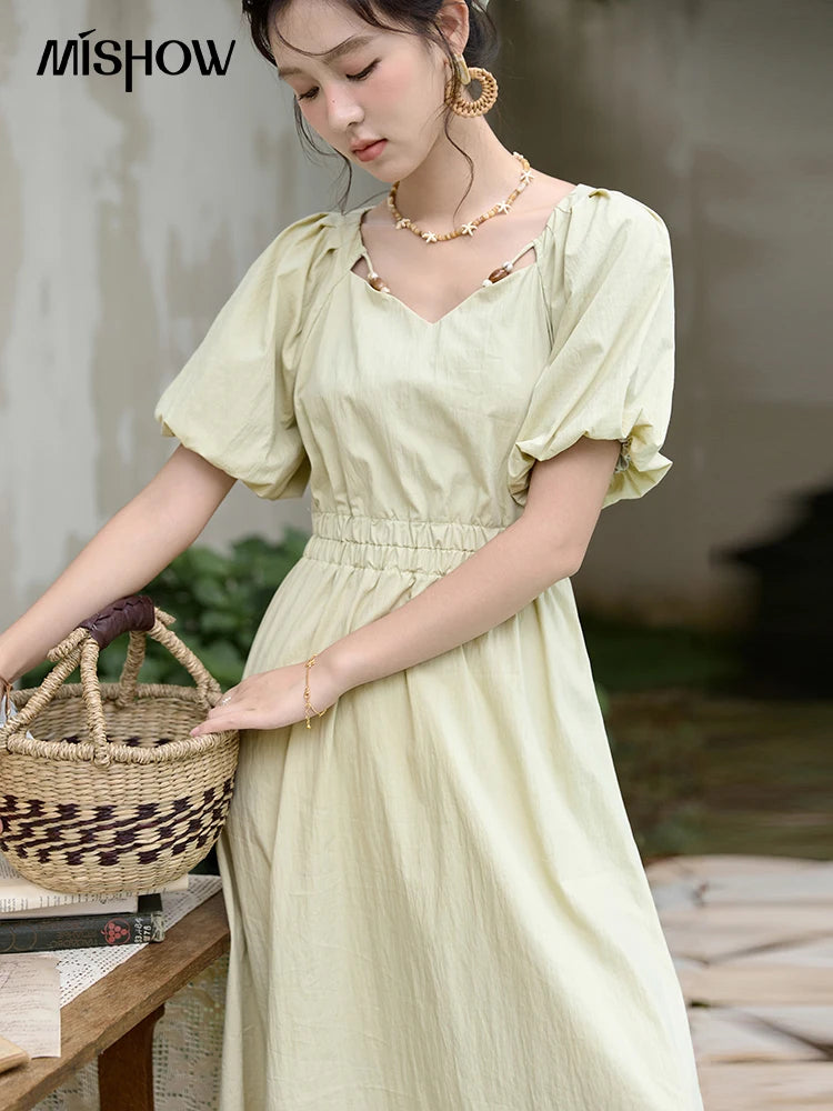 Mishow French V-Neck Bubble Sleeve Back Green Dress MXD22L1825
