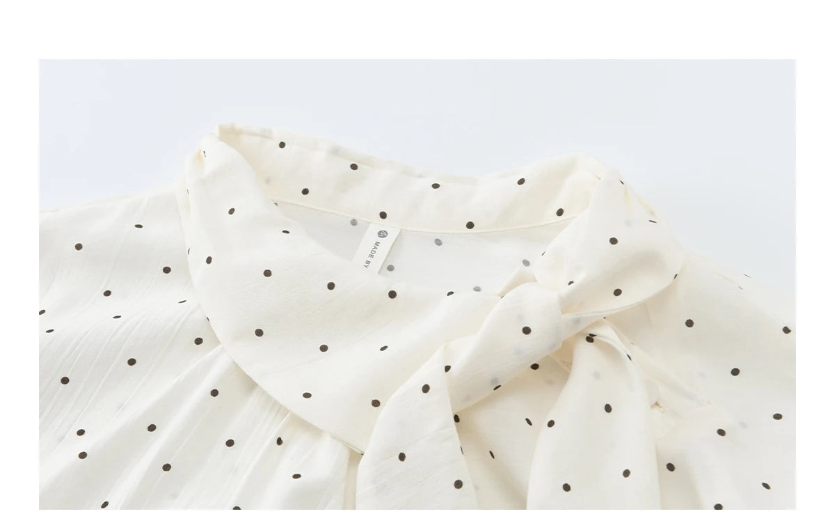 MISHOW White Polka Dot Blouse Bow Tie Neck Sheer MXF13X2531