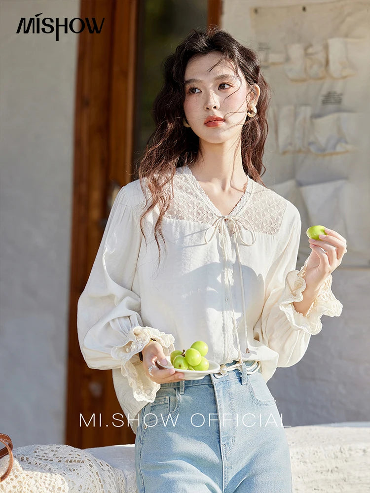 MISHOW Lace Patchwork Shirt V-Neck Fungus Edge Petal Sleeve MXE13X1713