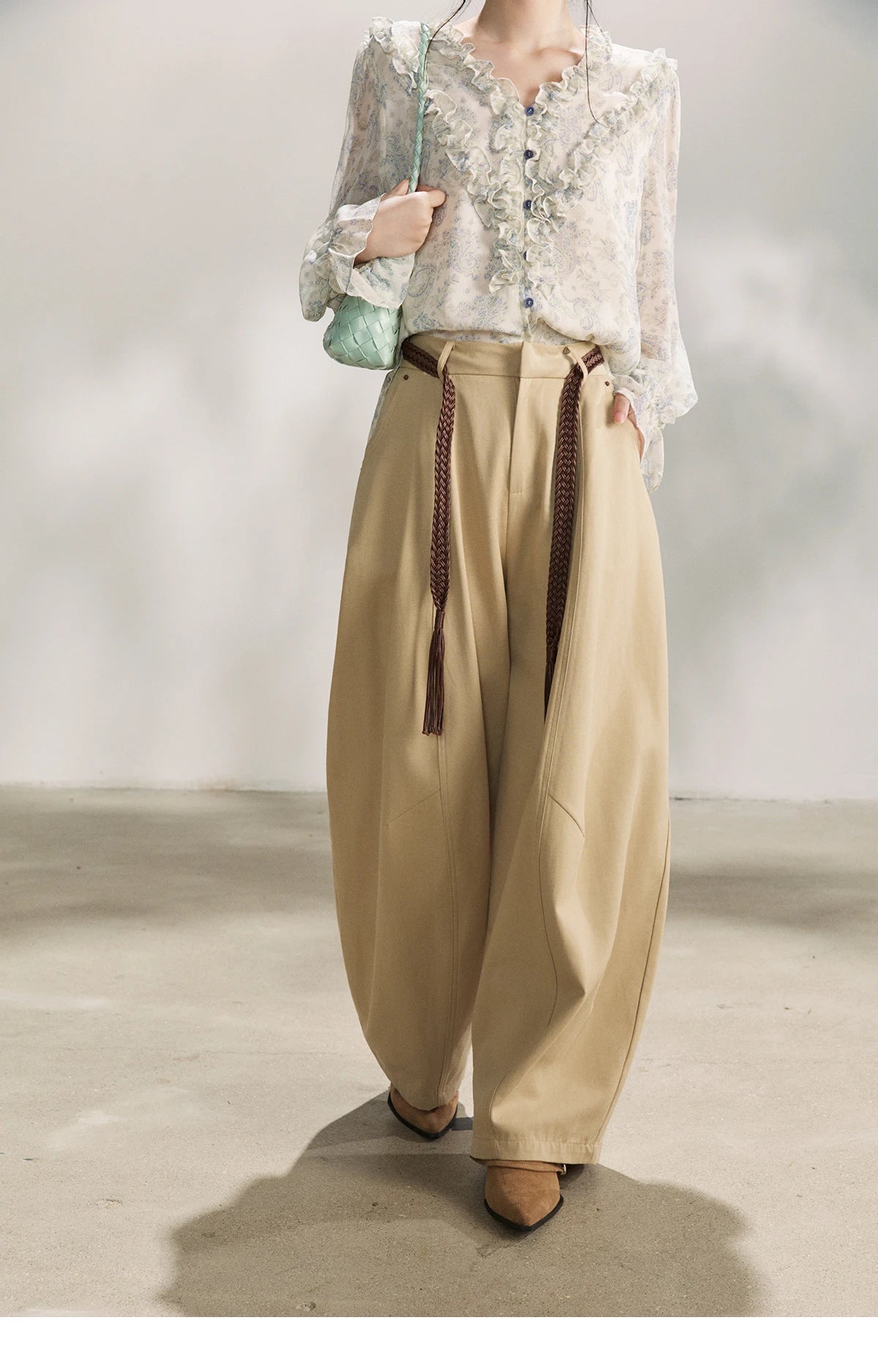 MISHOW Khaki Wide Leg Pants High Waist Belted Rear Pocket MXF13K1237