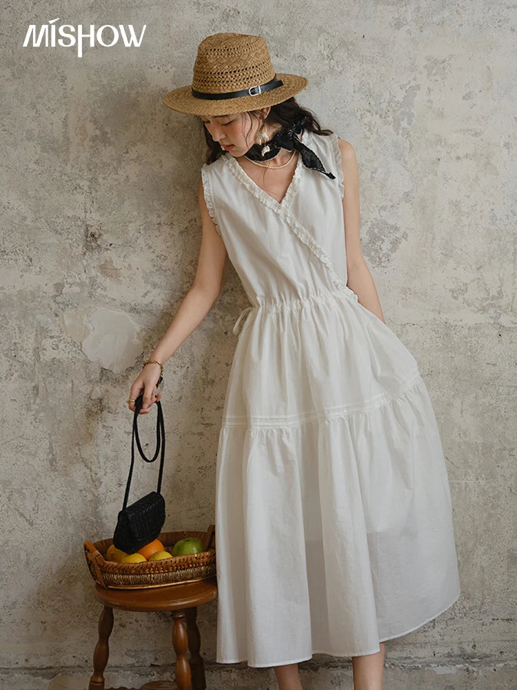 Mishow V-Neck Lace Drawstring Waist Dress MXE37L2331