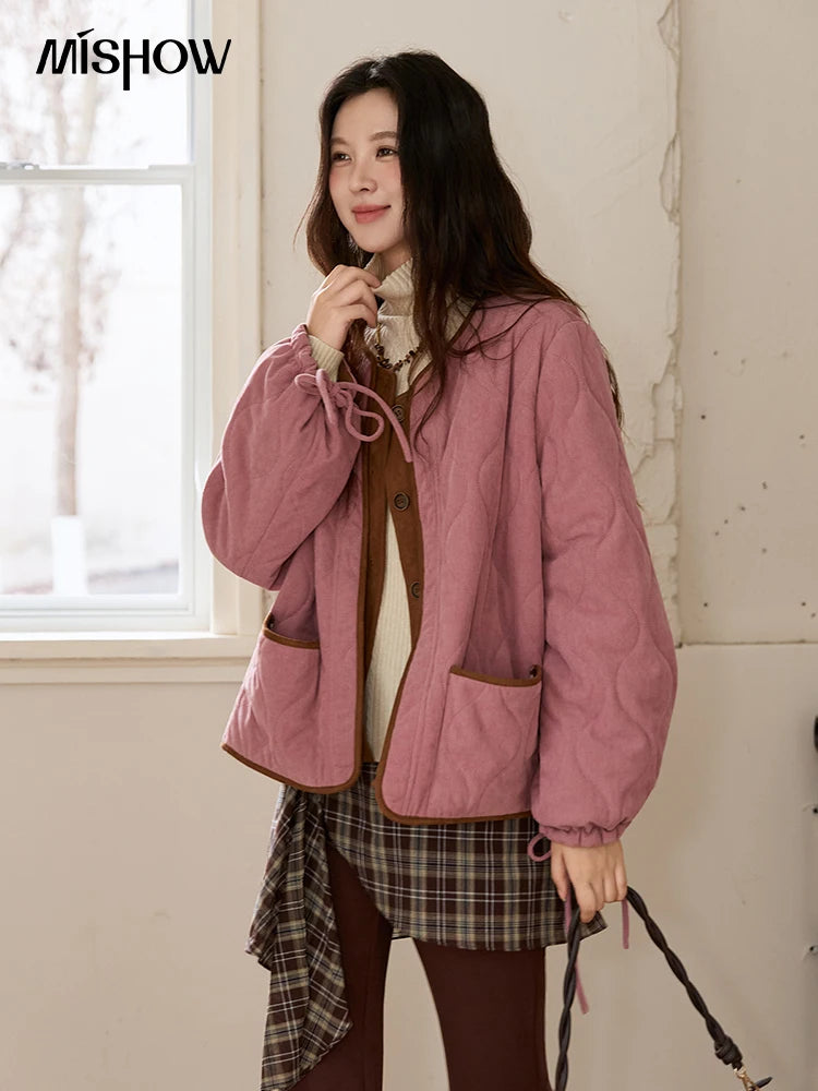 MISHOW Pink Purple Corduroy Jacket Gourd Pattern Splicing Suede MXE88W0882