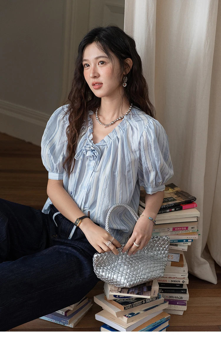 MISHOW Striped Puff Sleeve V-Neck Button Shirt MXE36X1870