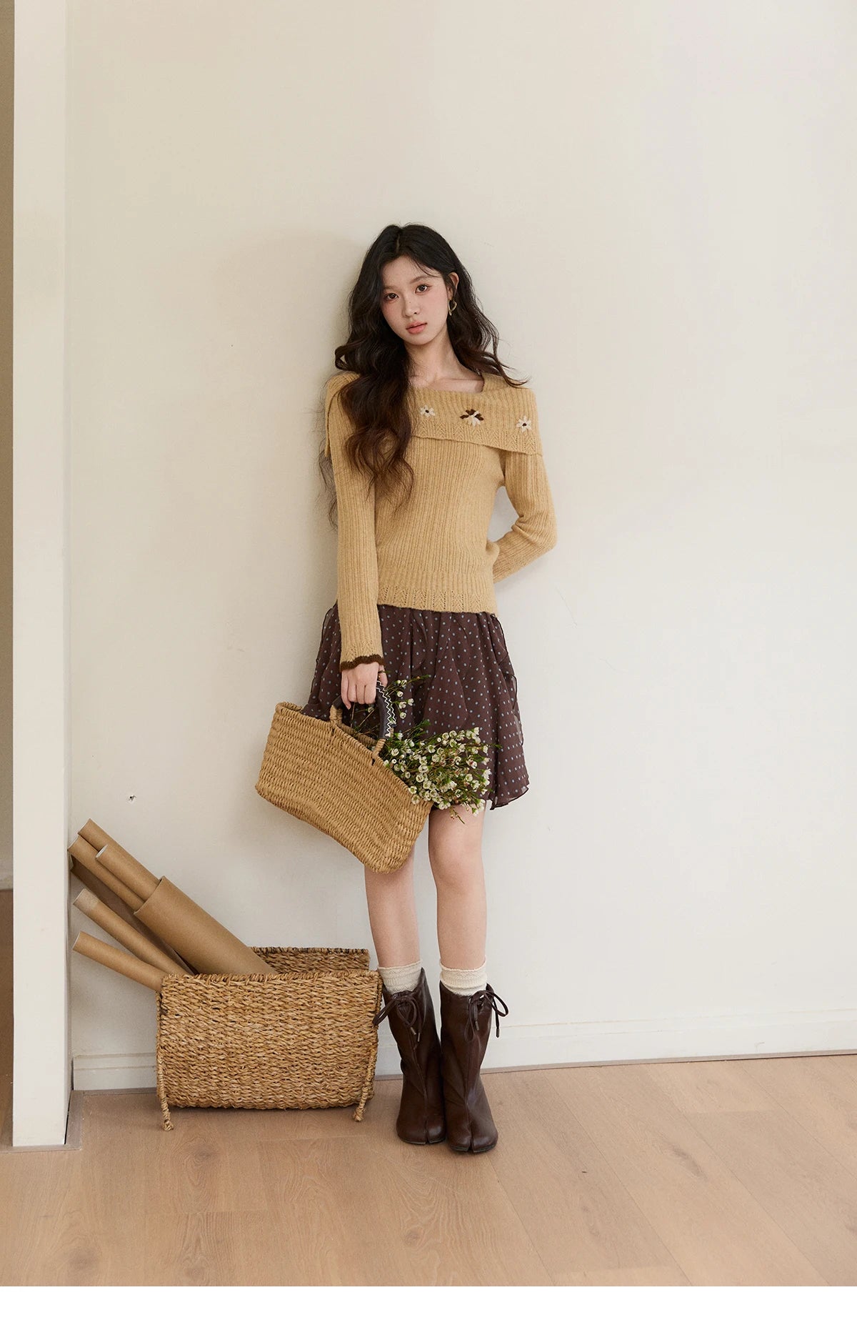 Mishow Yellow One Shoulder Floral Ribbed Sweater MXF11Z2894