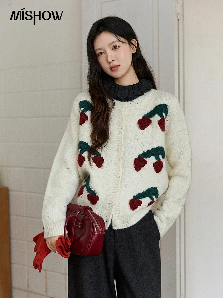 Mishow Cherry Jacquard Flecked Drop Shoulder Cardigan MXE91Z2837