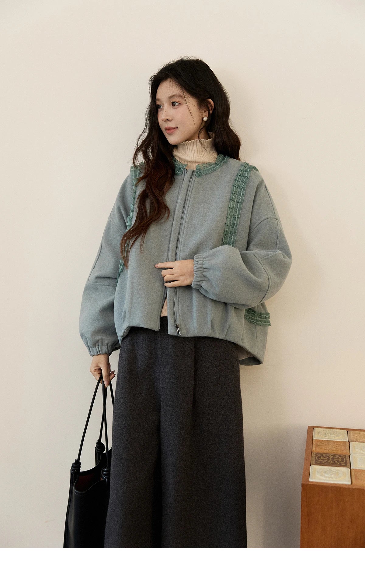 Mishow Light Blue Lace Trim Puff Sleeve Down Coat MXE94W1048