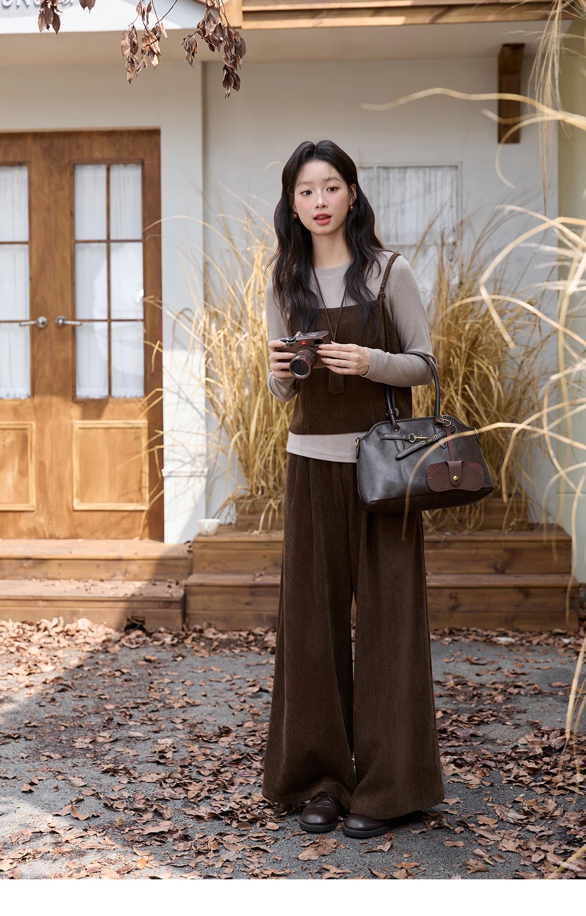 Mishow Brown Vest & Gray Top & Wide Leg Pants 3-Piece Set MXE49T1422