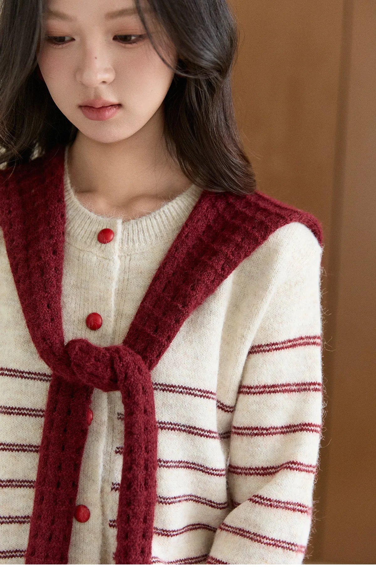 Mishow Beige Striped Red Scarf Button Cardigan MXE93Z2948