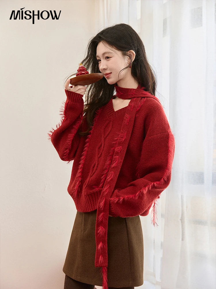 Mishow Burgundy Christmas Mink Fur Tassel Sweater MXE93Z2809
