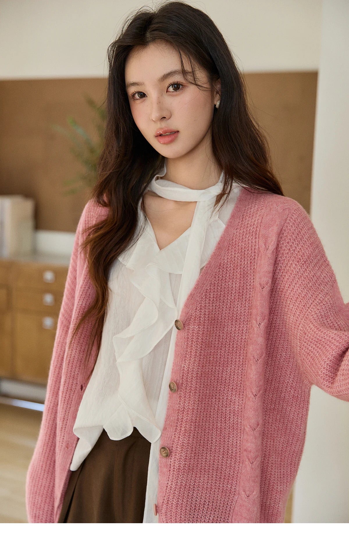 Mishow Dusty Pink V-Neck Knitted Cardigan MXF11Z2898