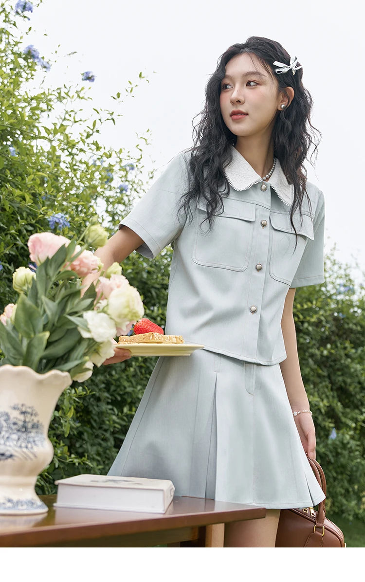 Mishow French Lapel Top & High Waist Pleated Skirt Set MXD24C0201