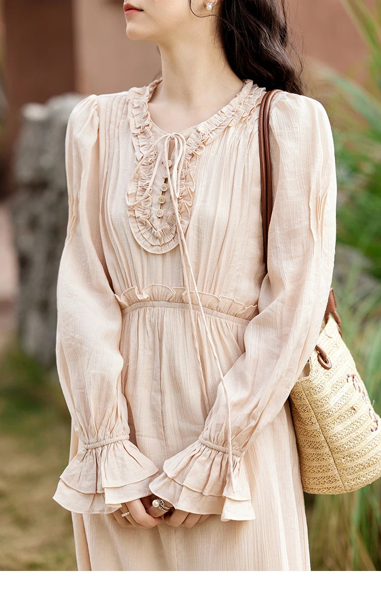 Mishow Pink Fungus Edge V-Neck Lace-Up Dress MXE11L2087