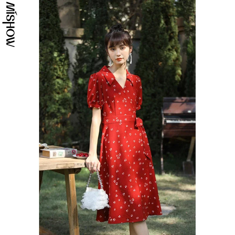 Mishow Red Chiffon V-Neck Floral Midi Dress MXA29L0356