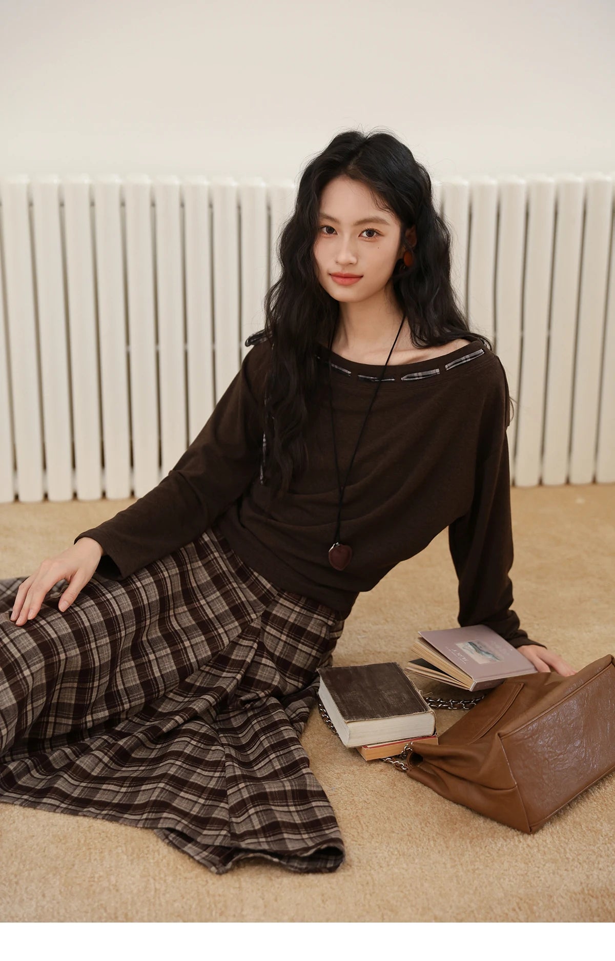 Mishow Slant Shoulder Dark Brown Strap Knit Top MXE45T1402