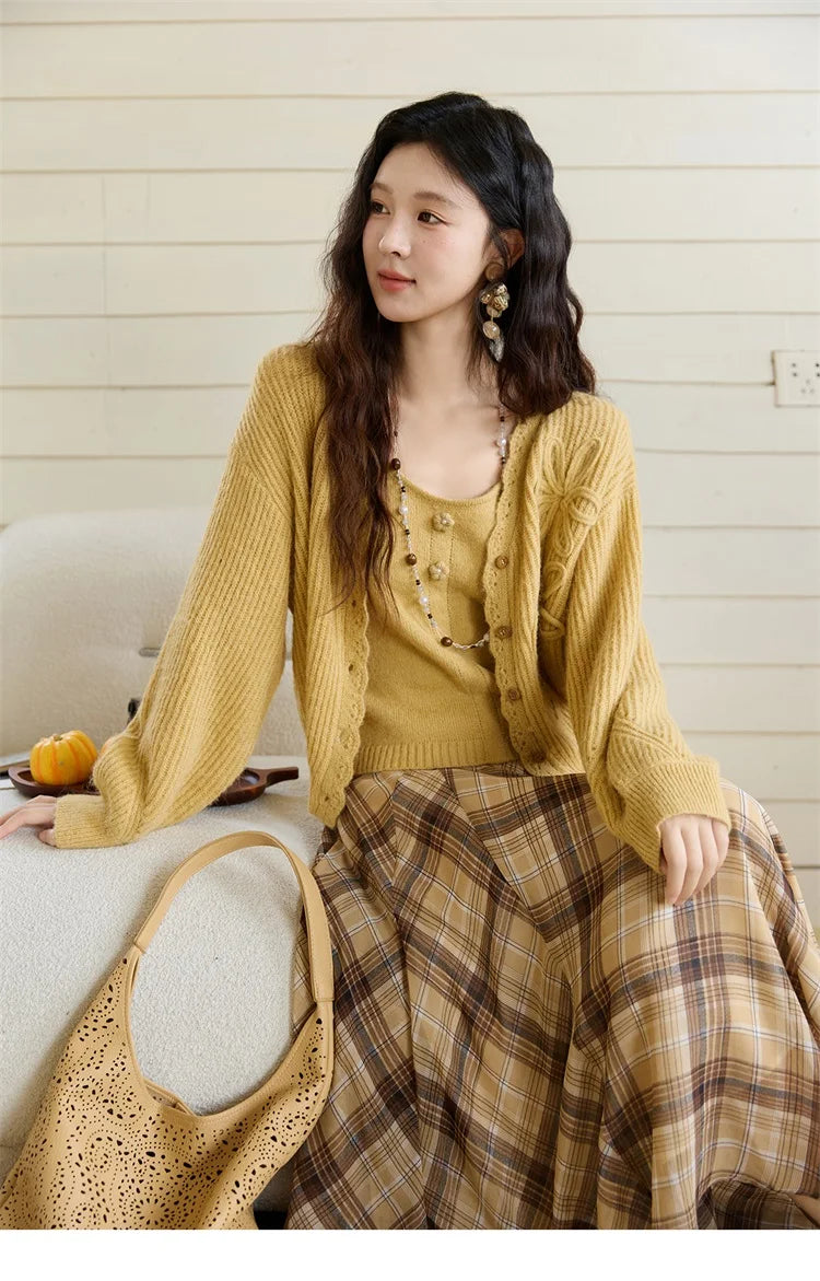 Mishow Yellow V-Neck Cardigan & Slim Camisole Set MXE45T0742
