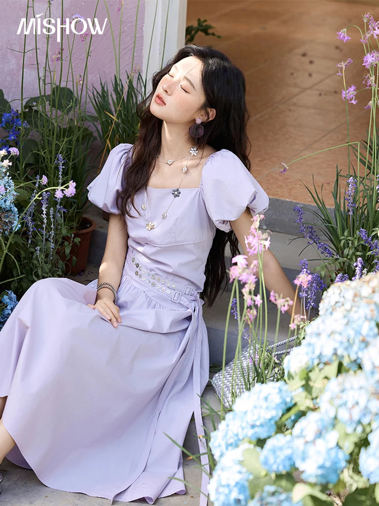 Mishow French Purple Puff Sleeve Square Neck Dress MXE34L2222