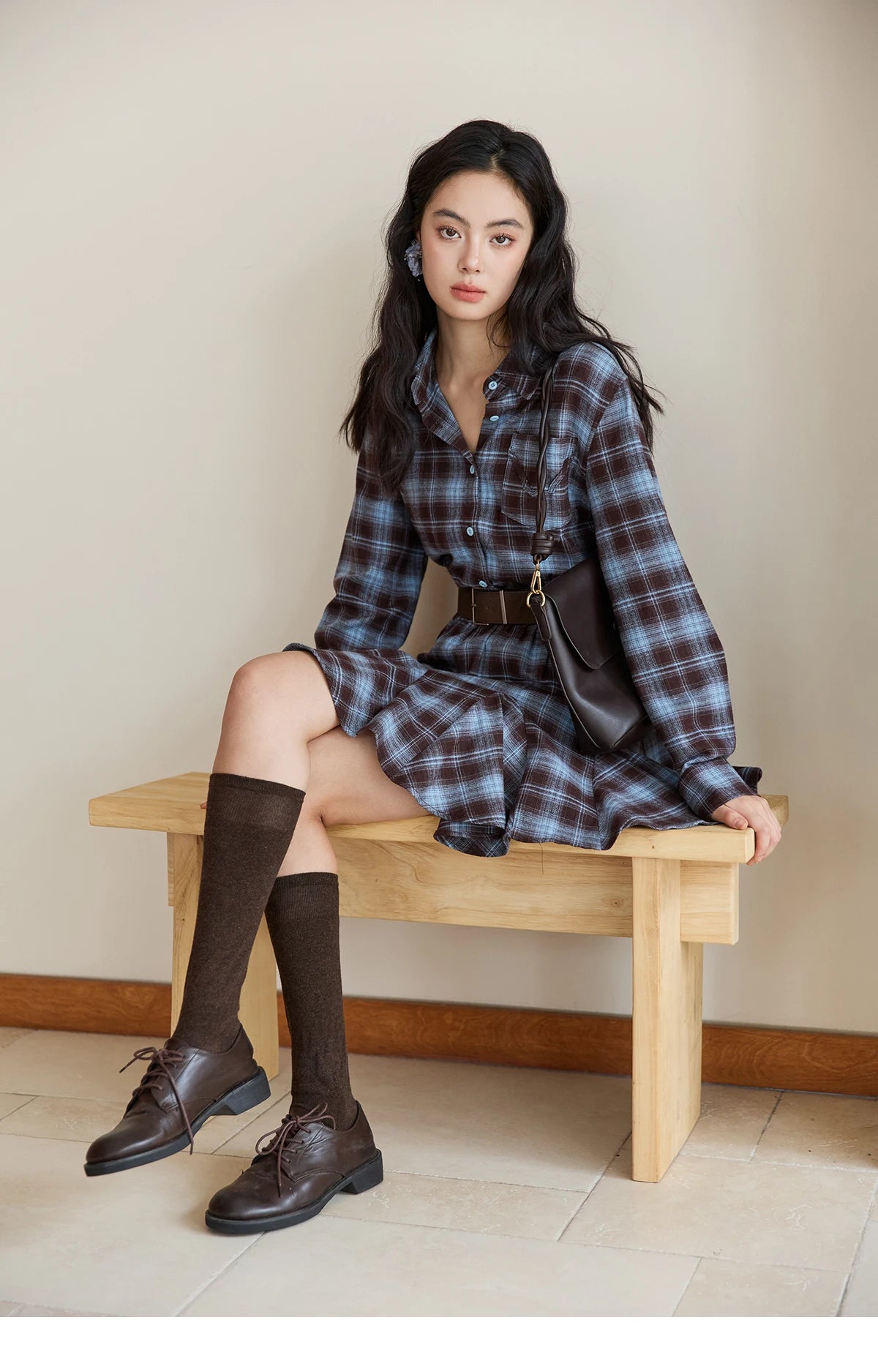 Mishow Blue Plaid Turn-Down Collar Belt Dress MXE48L2525