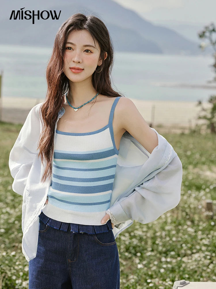 Mishow Blue Striped Square Collar Camisole MXE31Z1221