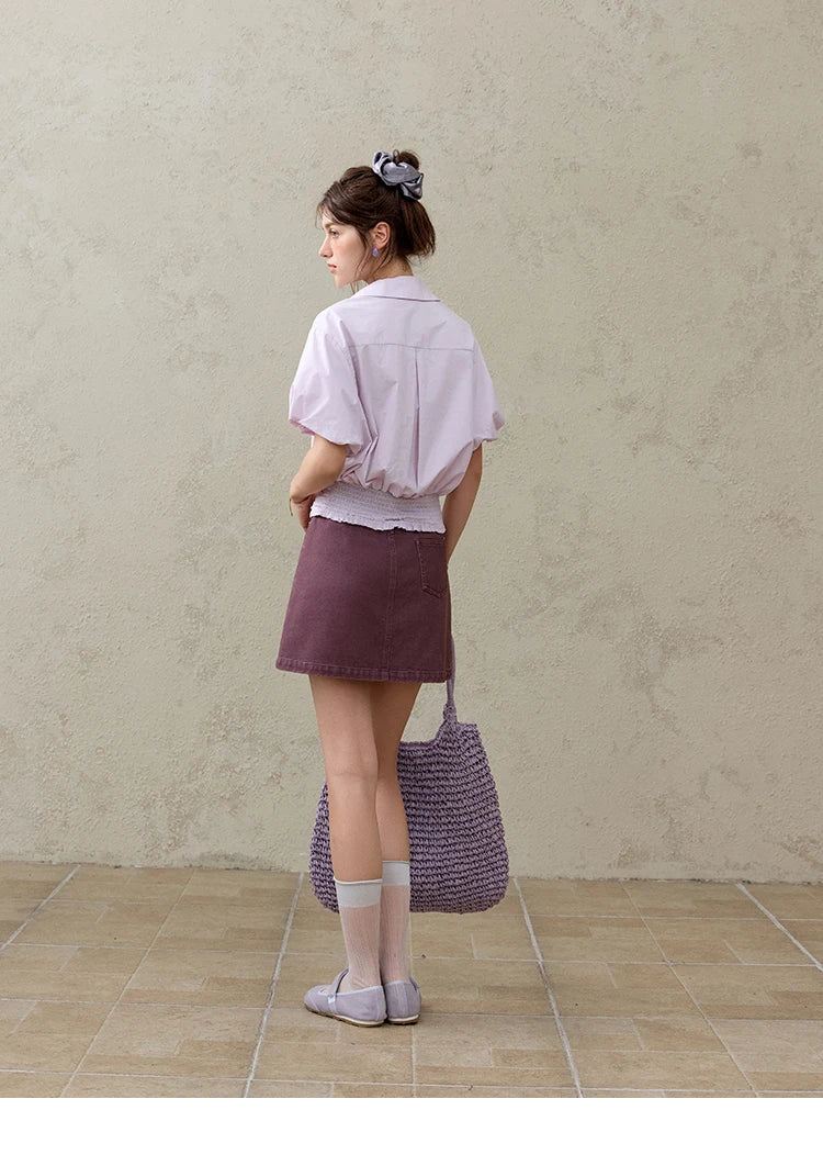 MISHOW Purple Cotton Blouse Turn-Down Collar Short Sleeve MXE32X1794