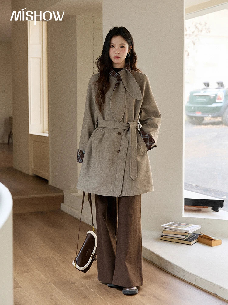 Mishow Retro British Plaid Rabbit Ear Tie Woolen Coat MXE90W0924