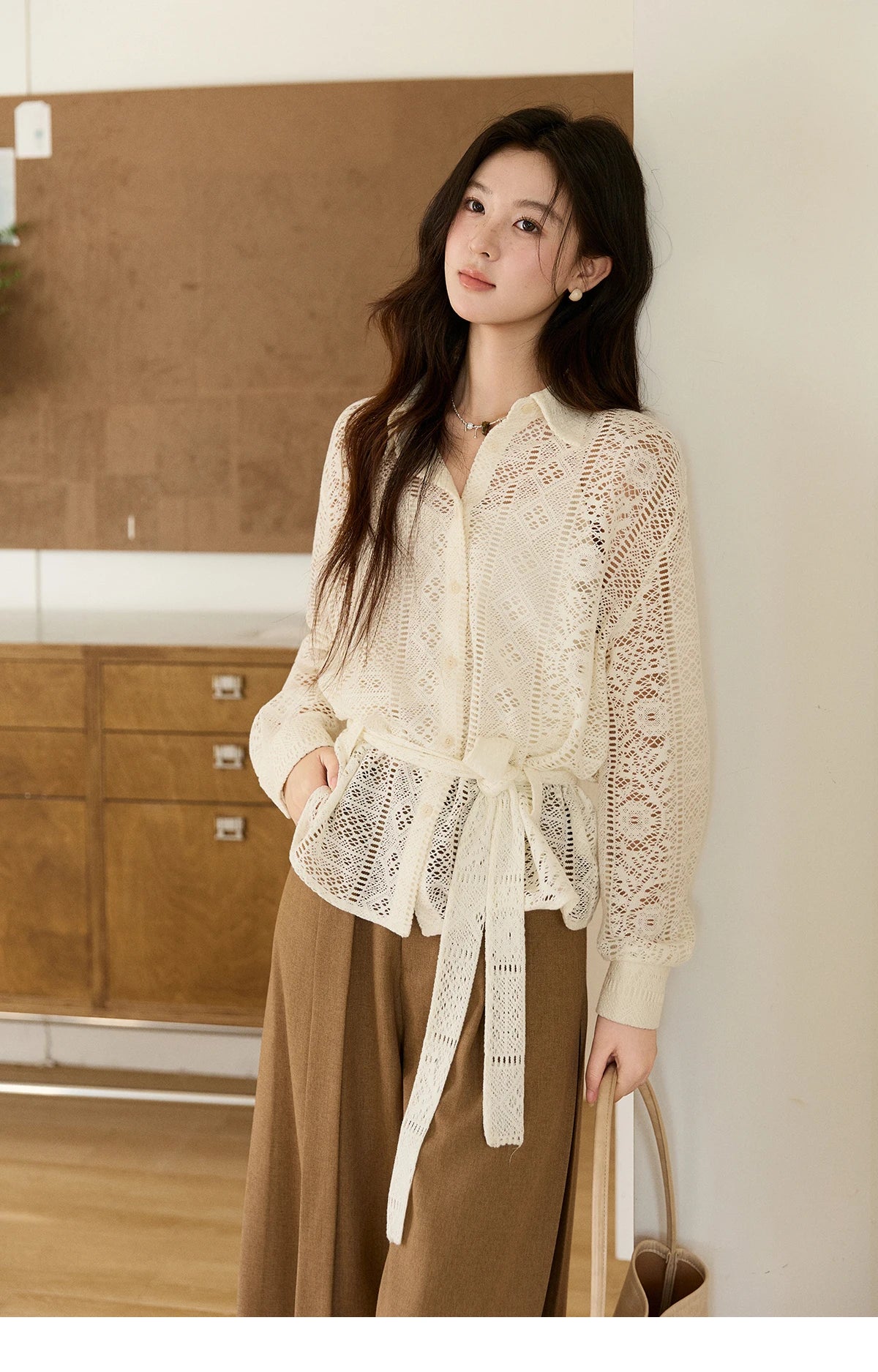 MISHOW Hollow Lace Shirt Camisole Set Drawstring Waist MXF108C0816