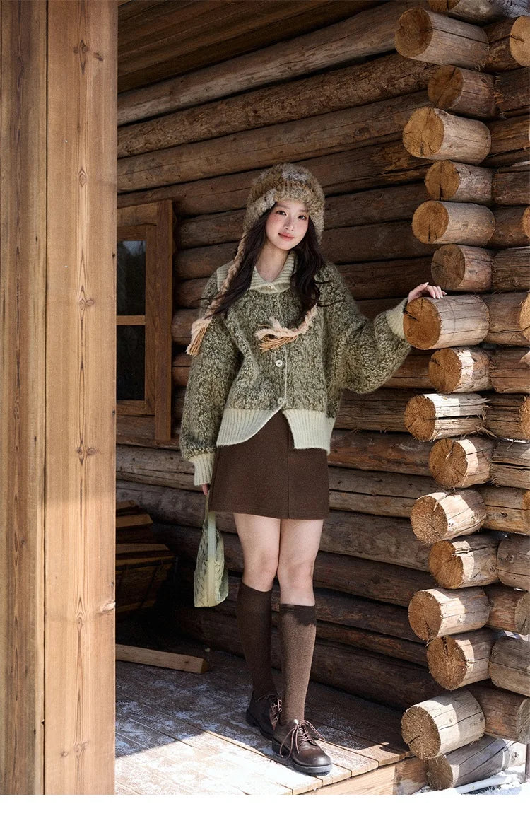 Mishow Green Retro Mottled Stand Collar Cardigan MXE90Z2787